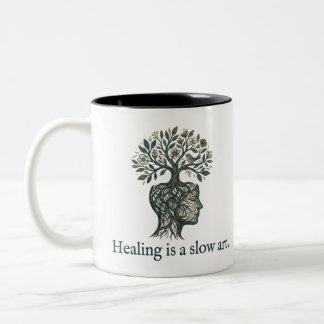 Healing is a Slow Art" Mindful Tree Roots Mug Tweekleurige Koffiemok
