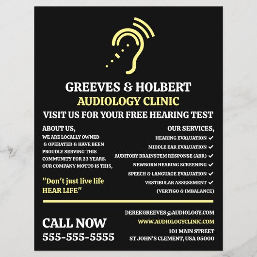 Hearing Aid Design, Audioloog, Audiology Clinic Flyer (Voorkant)