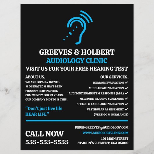 Hearing Aid Design, Audioloog, Audiology Clinic Flyer (Voorkant)
