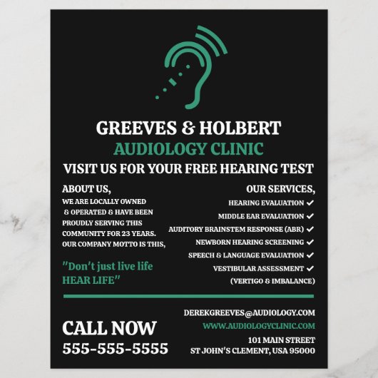 Hearing Aid Design, Audioloog, Audiology Clinic Flyer (Voorkant)