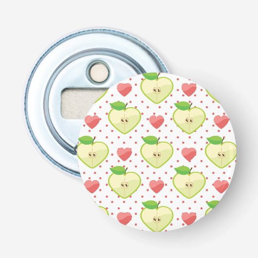 Heart appels met roze pokadots en harten button flesopener (Voorkant)