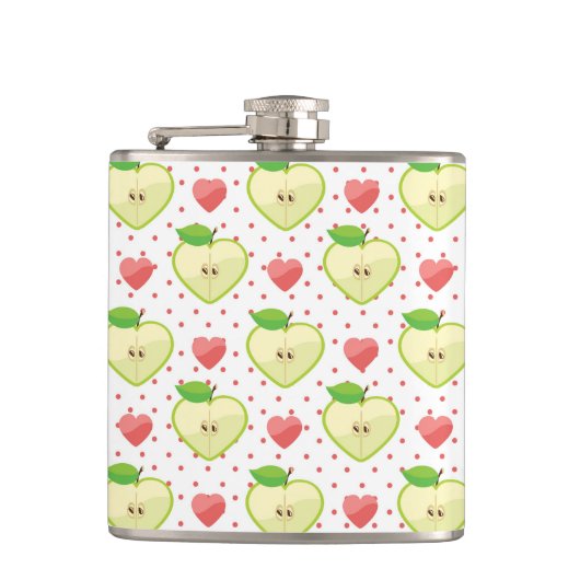 Heart appels met roze pokadots en harten heupfles (Voorkant)