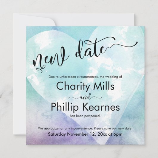 Heart Aqua Paars Postponed Wedding New Date Kaart (Voorkant)