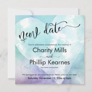 Heart Aqua Paars Postponed Wedding New Date Kaart