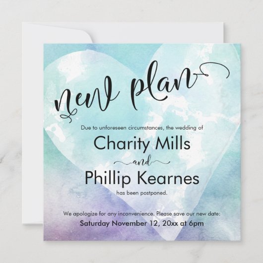 Heart Aqua Paars Postponed Wedding New Plan Kaart (Voorkant)