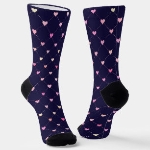 Heart Argyle Roze Pattern op Navy Blue Sokken