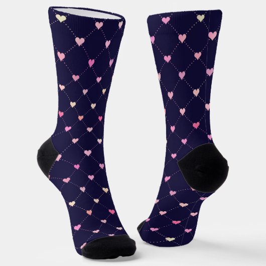 Heart Argyle Roze Pattern op Navy Blue Sokken (Gebogen)