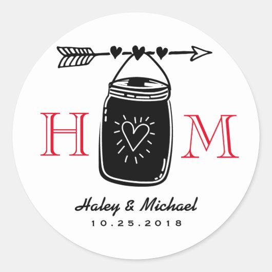 Heart Arrow Mason Jar Monogram Wedding Sticker (Voorkant)