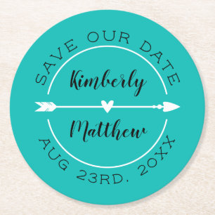 Heart & Arrow Turquoise Save the Date Ronde Kartonnen Onderzetter