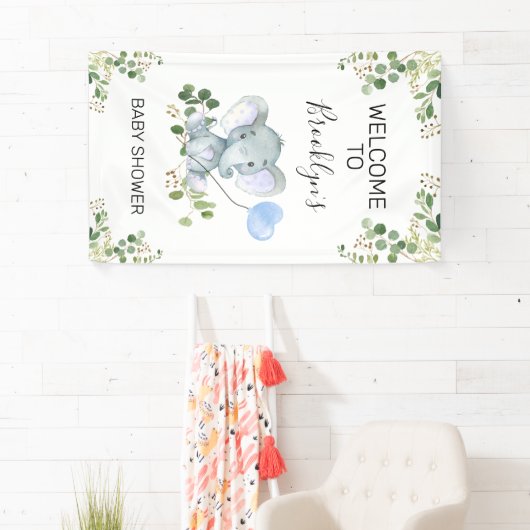 Heart Balloon Elephant Foliage Baby shower Welkom Spandoek (Insitu)