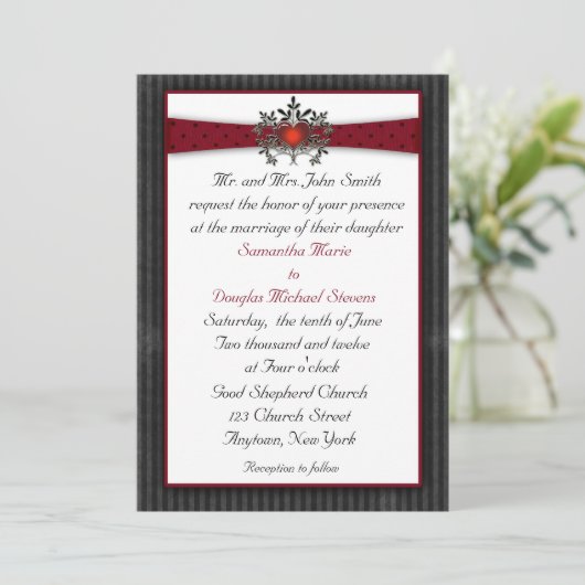 Heart Black Maroon Wedding Kaart (Staand voorkant)
