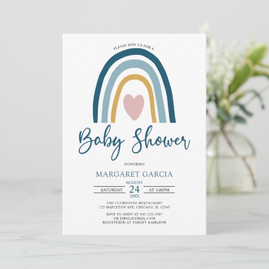  Heart Blue Muted Tones Boho Rainbow Baby shower Kaart (Staand voorkant)