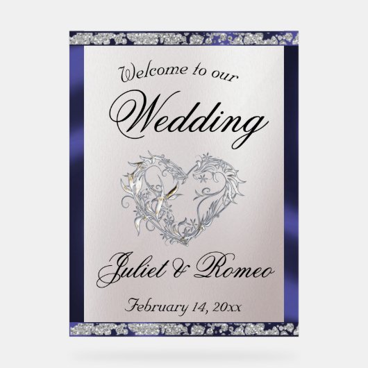 Heart, Blue Ribbon & Sparkle Welkom Acryl Bord (Voorkant)