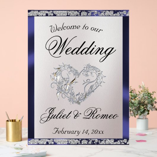 Heart, Blue Ribbon & Sparkle Welkom Acryl Bord (Huwelijk)