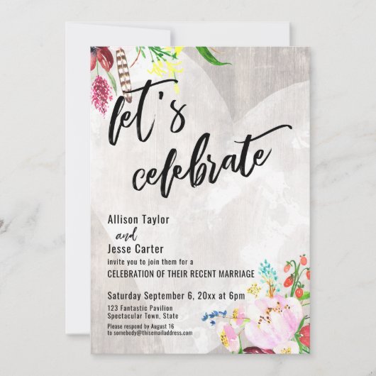 Heart Boho Floral Rustic Wood Let's Celebrate Kaart (Voorkant)