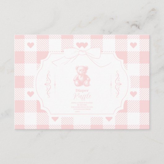 Heart Bow Gingham Franse Teddy Diapper Raffle Informatiekaartje (Voorkant)