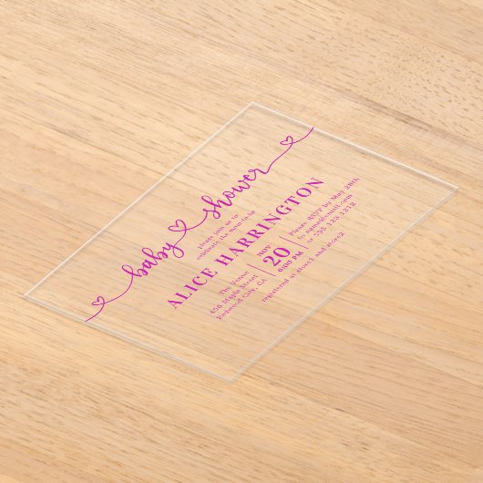 Heart Calligraphy Minimalist Pink Baby Shower Acryl Uitnodigingen (Laagn)