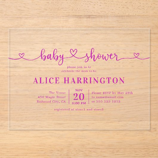 Heart Calligraphy Minimalist Pink Baby Shower Acryl Uitnodigingen (Voorkant)