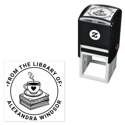 Heart Coffee Cup op Book Stack Library Boeknaam Zelfinktende Stempel (In situ)