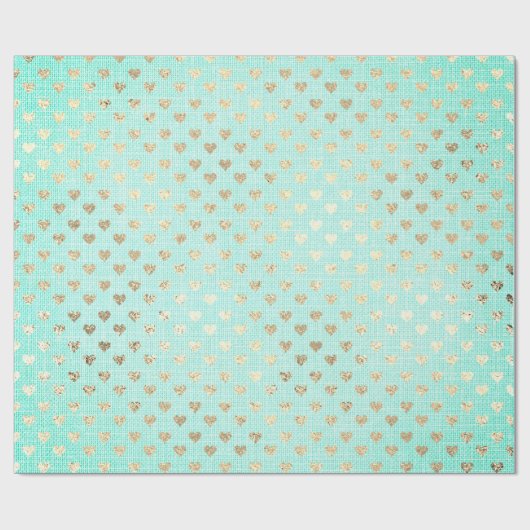 Heart Confetti Metallic Tiffany Aqua Gold Linen Cadeaupapier (Vlak)