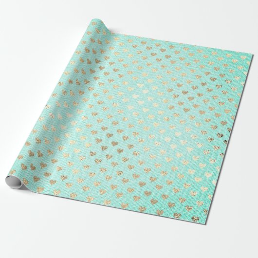 Heart Confetti Metallic Tiffany Aqua Gold Linen Cadeaupapier (Uitgerold)