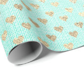 Heart Confetti Metallic Tiffany Aqua Gold Linen Cadeaupapier (Rol Hoek)