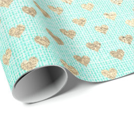 Heart Confetti Metallic Tiffany Aqua Gold Linen Cadeaupapier