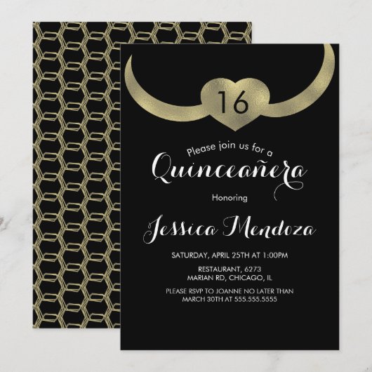 Heart Crown Quinceañera Sweet 16 Gold Foil Kaart (Voorkant / Achterkant)