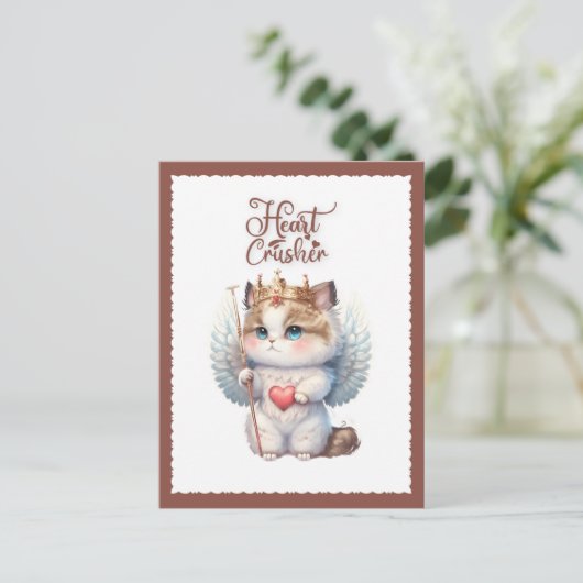 Heart Crusher Cute Chibi Angel Wing Cat Valentijn Feestdagenkaart (Staand voorkant)