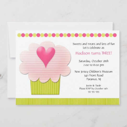 Heart CUPCAKE Birthday Party Invitation Kaart (Voorkant)