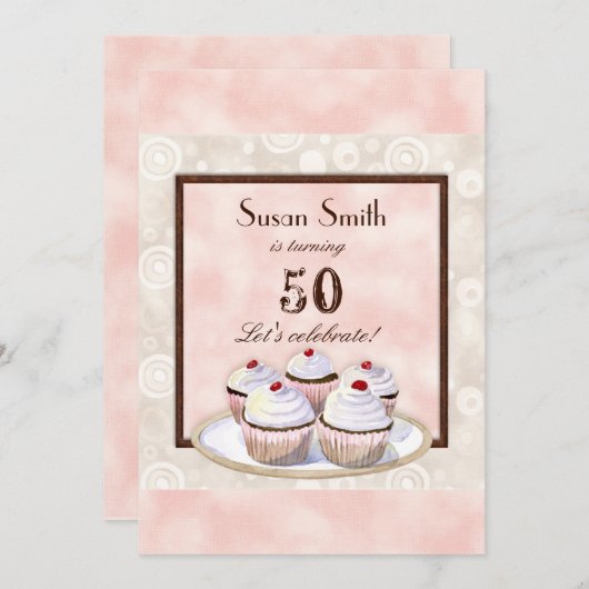 Heart Cupcake Trio 50th Birthday Party Invitation Kaart (Voorkant / Achterkant)