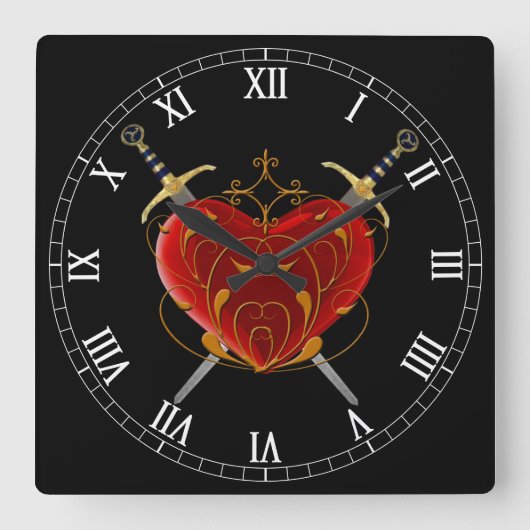 Heart & Daggers Square Roman Numerals Clock Vierkante Klok (Voorkant)