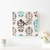 Heart Damask Art I Browns Blauwgroen Cream Vierkante Klok (Huis)