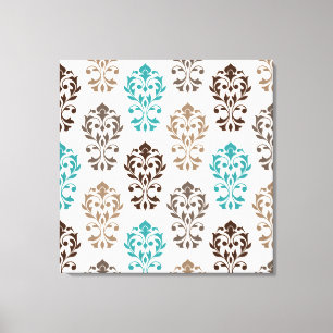 Heart Damask Art In Browns Blauwgroen Cream Canvas Afdruk