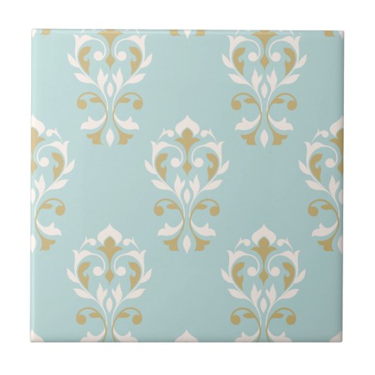 Heart Damask Big Ptn Cream & Gold on Blue Tegeltje (Voorkant)