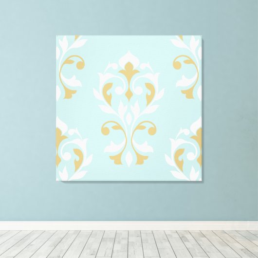 Heart Damask LG Ptn II Cream & Gold on Blue Canvas Afdruk (Insitu (Houten vloer))