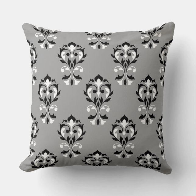 Heart Damask Ptn Black & White op Grey Kussen (Voorkant)