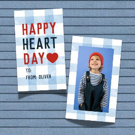 Heart Day Blue Gingham Valentine's Classroom Card Notitiekaartje