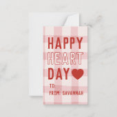 Heart Day Pink Gingham Valentines Classroom Card Notitiekaartje (Voorkant)