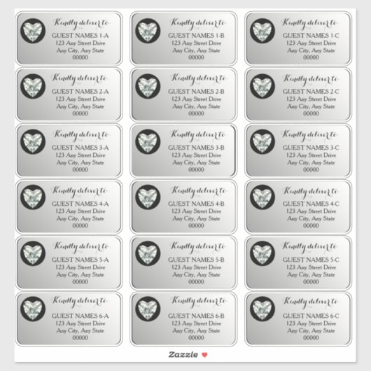 Heart Diamond Silver Wedding Guest Address Sticke Sticker (Vel)