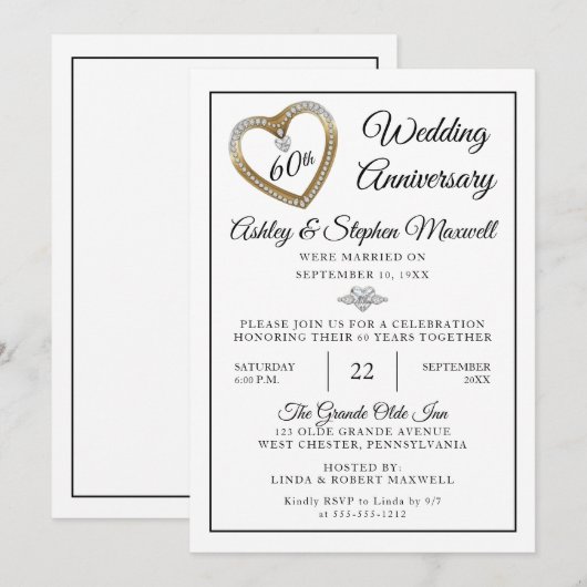 Heart Diamonds 60ste huwelijksjubileumfeest Kaart (Voorkant / Achterkant)