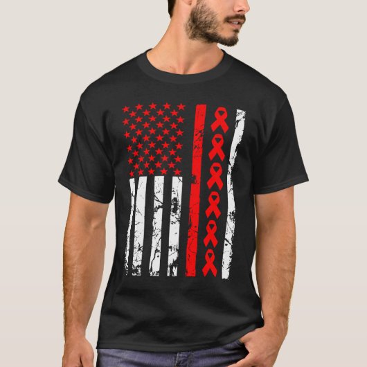 Heart Disease Awareness Red Ribbon American Flag U T-shirt (Voorkant)