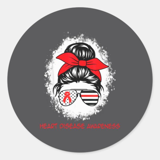 Heart Disease Awareness Red Ribbon Heart Messy Bun Ronde Sticker (Voorkant)