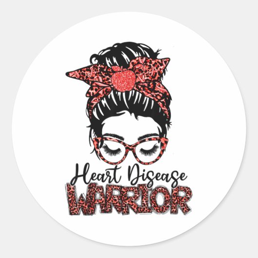 Heart Disease Warrior Red Ribbon Messy Hair Bun Te Ronde Sticker (Voorkant)