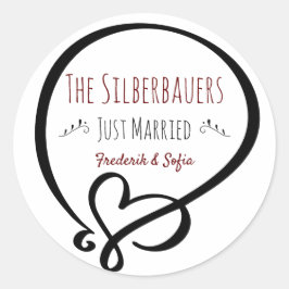 Heart Doodle, gewoon getrouwd, Couple's Name Ronde Sticker