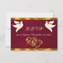 Heart, Doves & Ribbon - Burgundy/Gold RSVP Kaartje