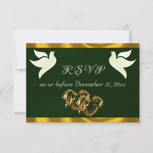 Heart, Doves & Ribbon - Emerald/Gold RSVP Kaartje (Voorkant)