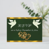 Heart, Doves & Ribbon - Emerald/Gold RSVP Kaartje (Staand voorkant)
