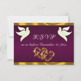 Heart, Doves & Ribbon - Purple/Gold RSVP Kaartje