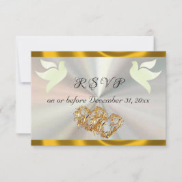 Heart, Doves & Ribbon - White/Gold RSVP Kaartje